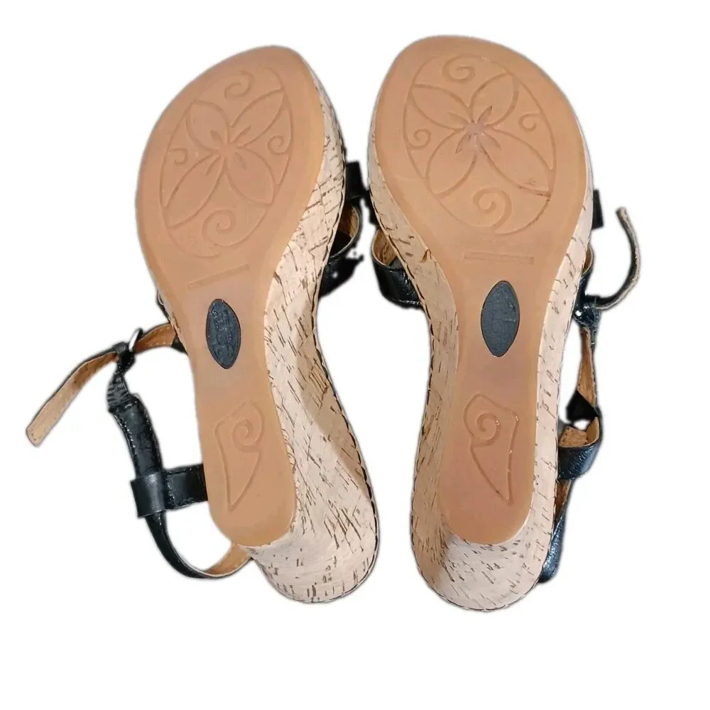 Born Tasia Black Leather T-strap Cork Wedge Women's Sandals Size 8